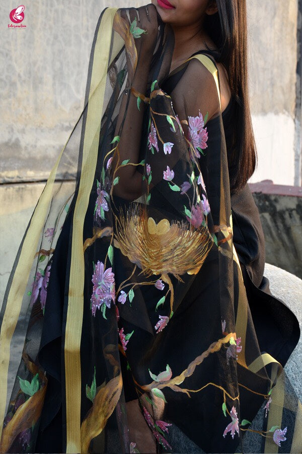 Black Organza Bird Nest Handpainted Stole