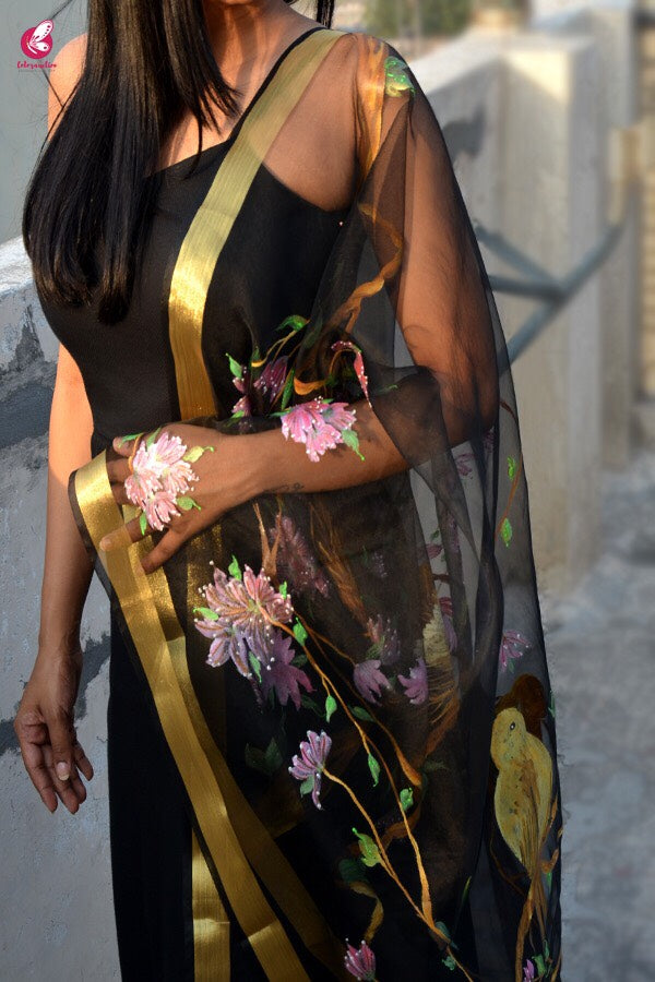 Black Organza Bird Nest Handpainted Stole