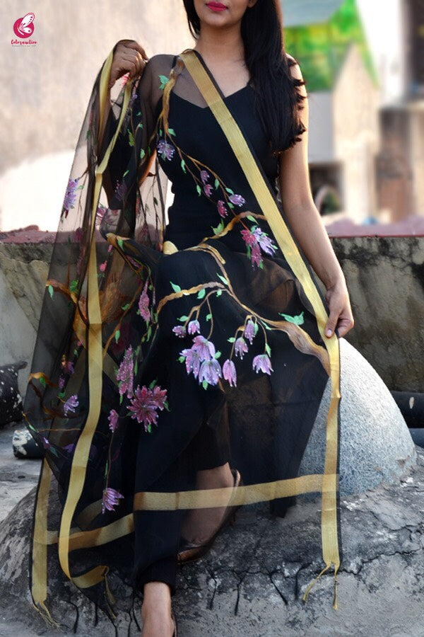 Black Organza Bird Nest Handpainted Stole