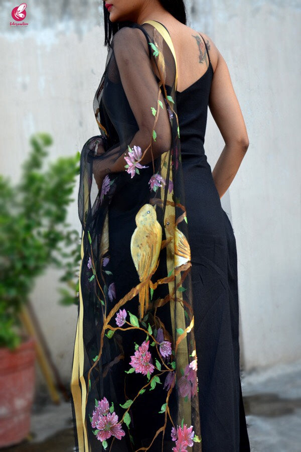 Black Organza Bird Nest Handpainted Stole