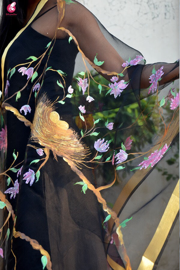 Black Organza Bird Nest Handpainted Stole