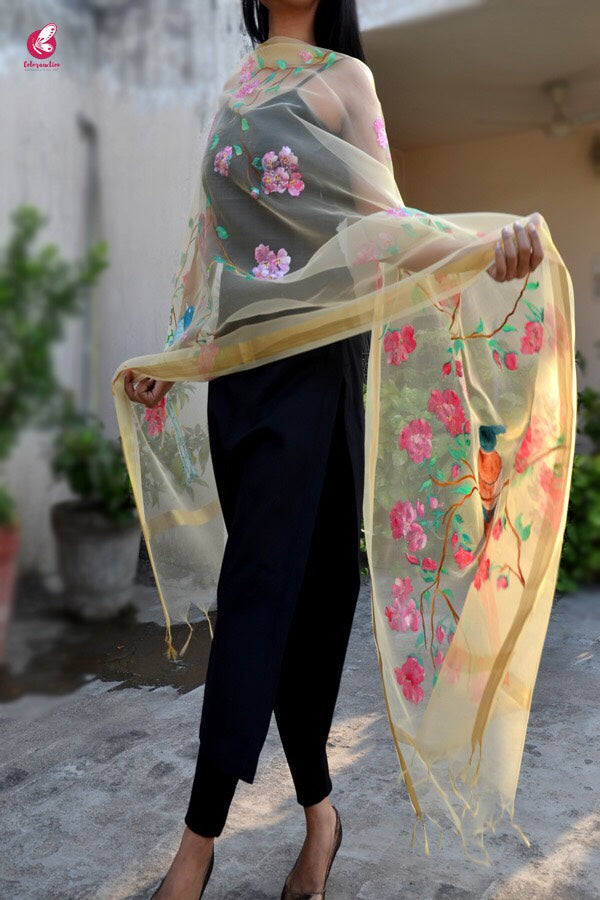 Cream Organza Handpainted Floral Stole