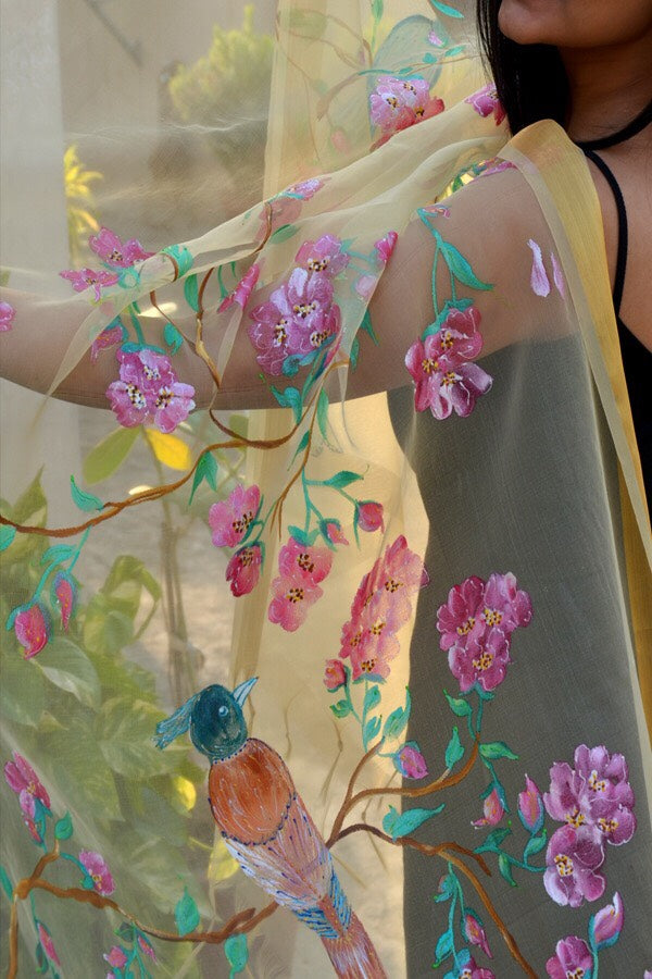 Cream Organza Handpainted Floral Stole
