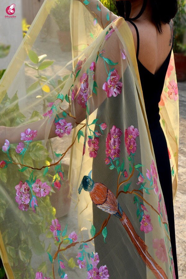 Cream Organza Handpainted Floral Stole