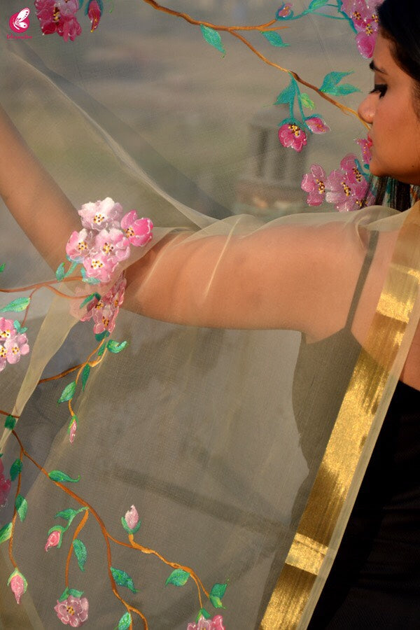 Cream Organza Handpainted Floral Stole