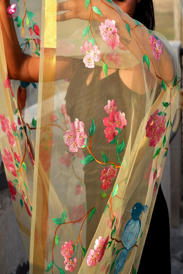 Cream Organza Handpainted Floral Stole