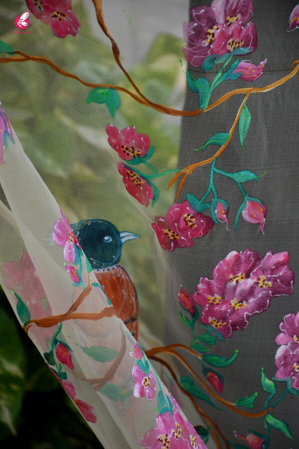 Cream Organza Handpainted Floral Stole
