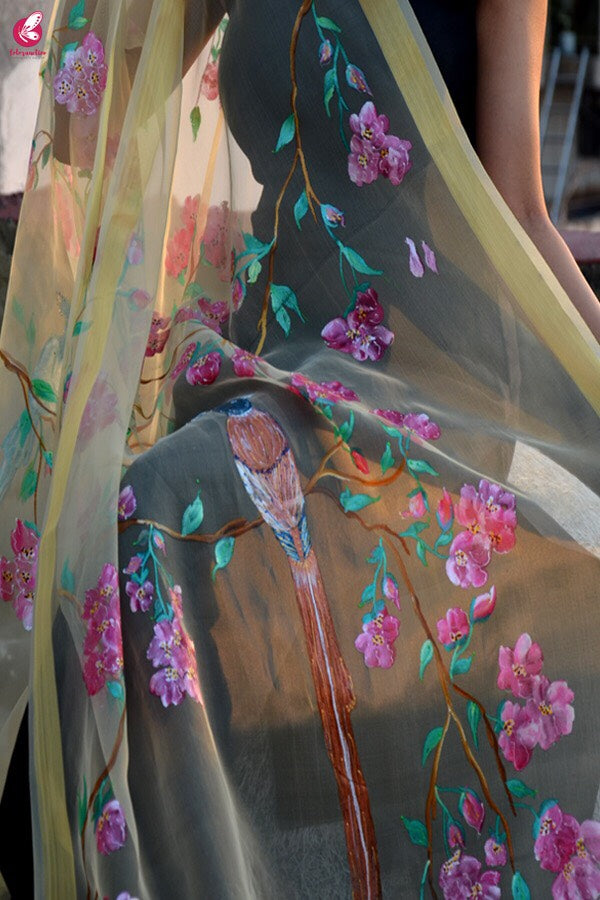 Cream Organza Handpainted Floral Stole