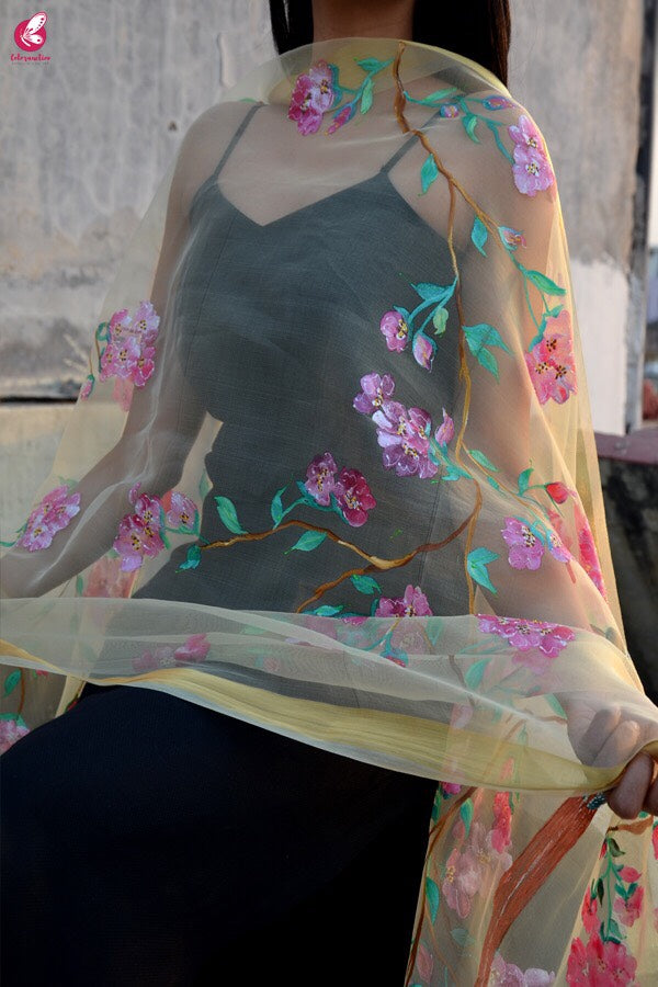 Cream Organza Handpainted Floral Stole