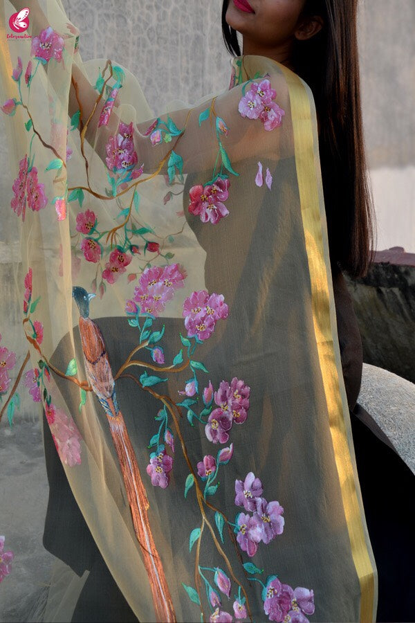 Cream Organza Handpainted Floral Stole