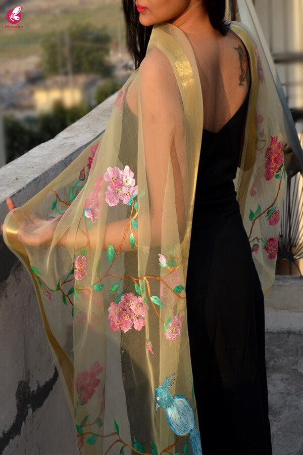 Cream Organza Handpainted Floral Stole