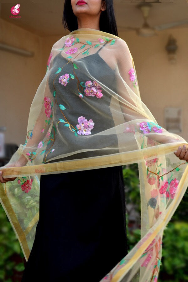 Cream Organza Handpainted Floral Stole