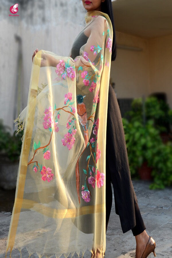 Cream Organza Handpainted Floral Stole