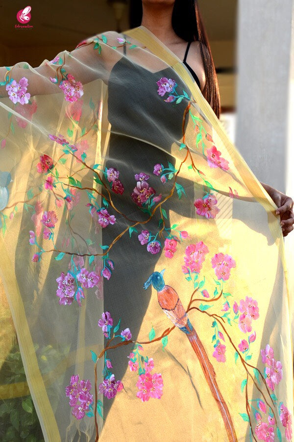 Cream Organza Handpainted Floral Stole