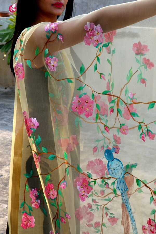 Cream Organza Handpainted Floral Stole