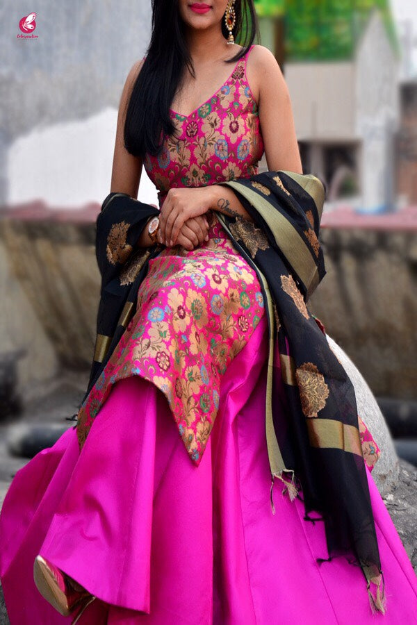 Magenta Banarasi Padded Kurta with Skirt and Dupatta