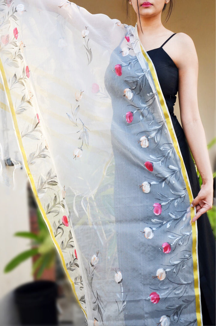 White organza Floral Handpainted Stole
