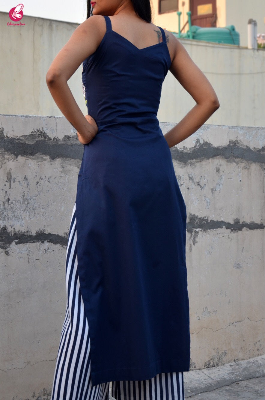 Blue Embroidered Kurti with Vertical Stripes Palazzo