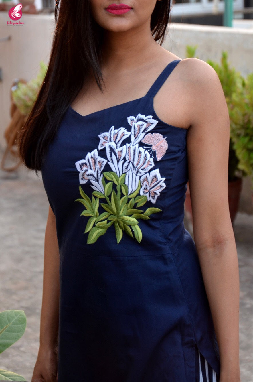 Blue Embroidered Kurti with Vertical Stripes Palazzo