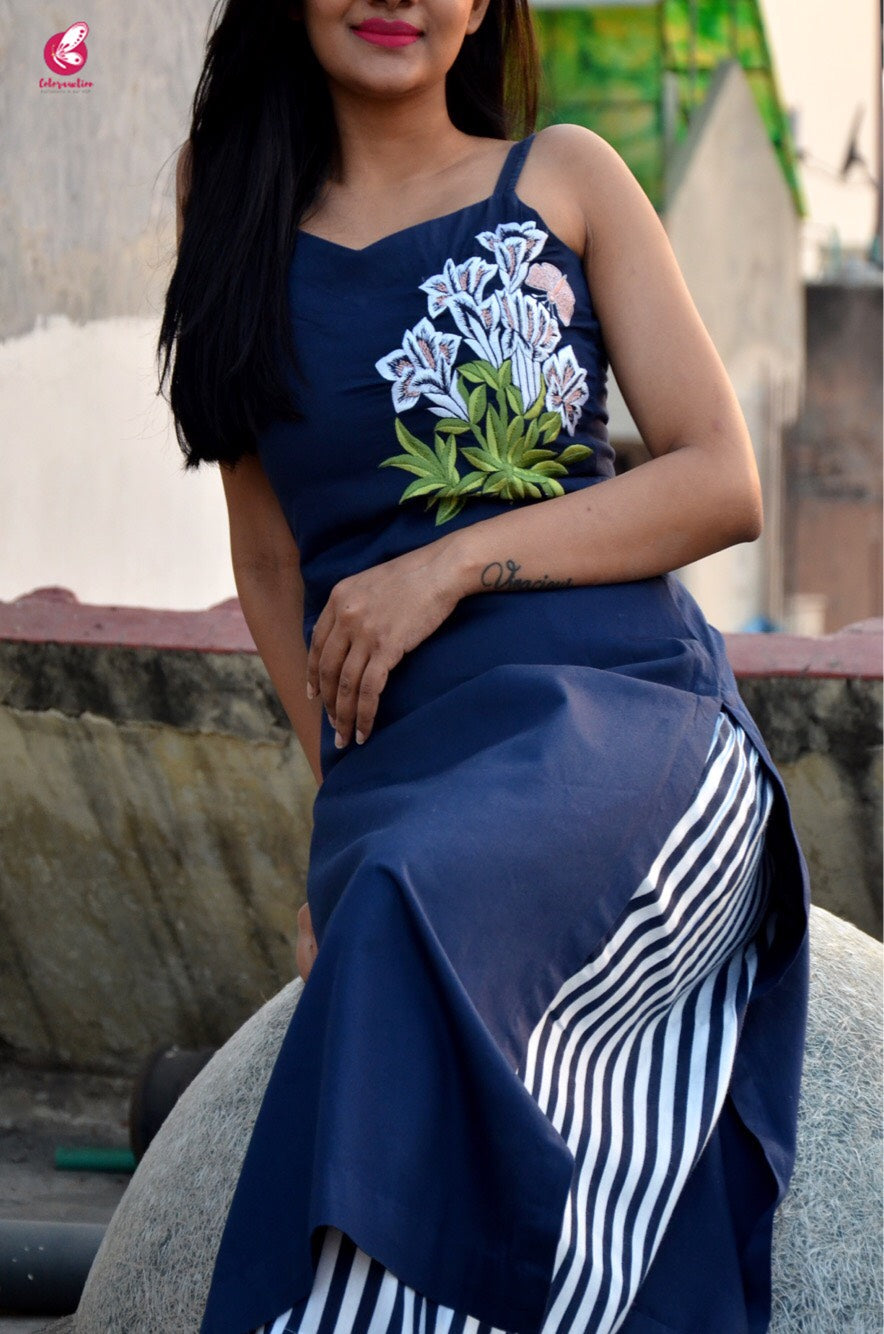 Blue Embroidered Kurti with Vertical Stripes Palazzo