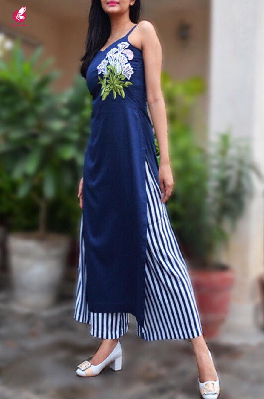Blue Embroidered Kurti with Vertical Stripes Palazzo