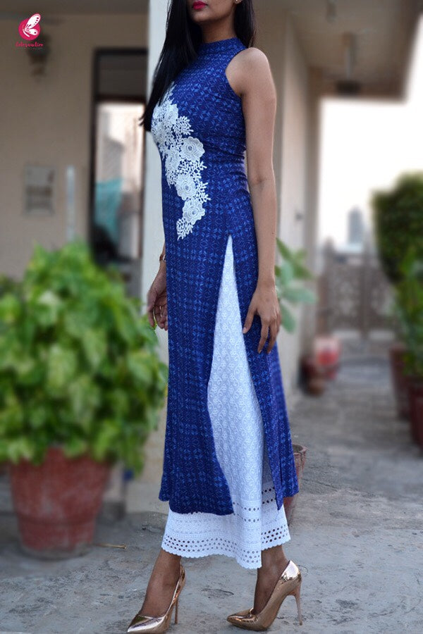 Blue Modal Rayon Patched Straight Kurti