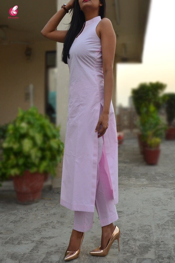 Baby Pink Stripes Cotton Kurti Set