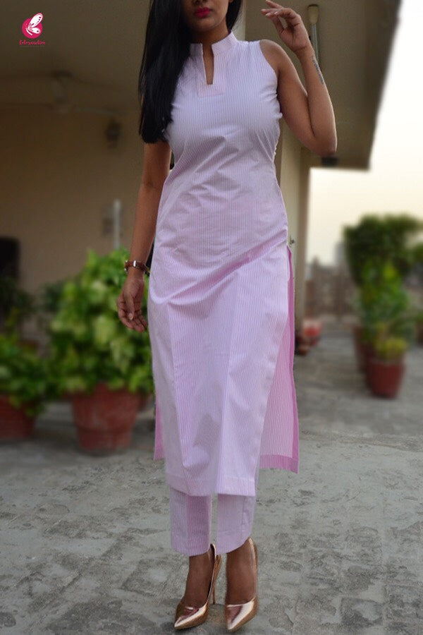 Baby Pink Stripes Cotton Kurti Set