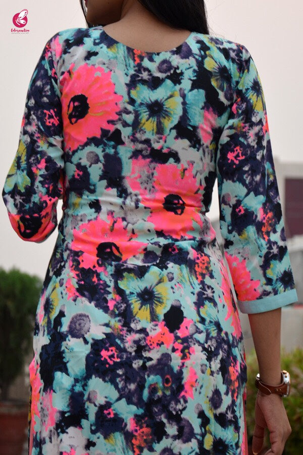 Pastel Blue Crepe Printed Straight Kurti