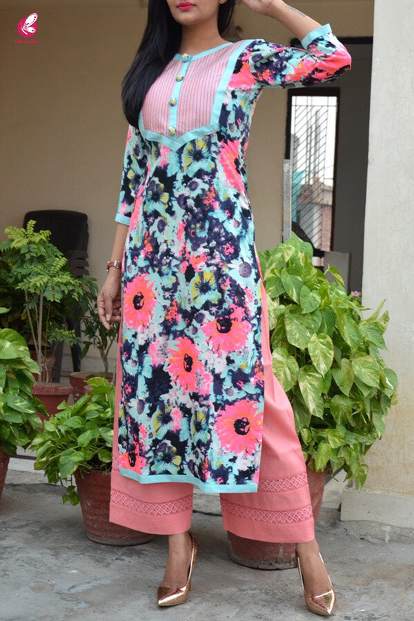 Pastel Blue Crepe Printed Straight Kurti