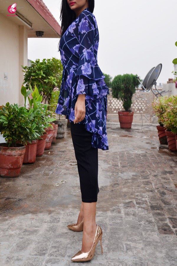 Blue Printed Georgette Floral Shrug