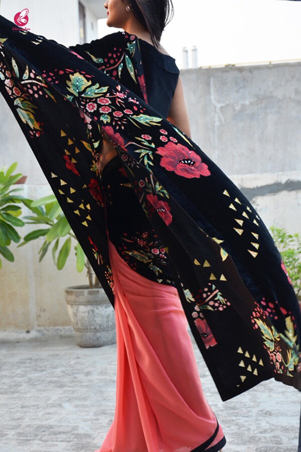 Embellished Half and Half Georgette Velvet Saree