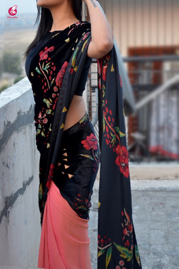 Embellished Half and Half Georgette Velvet Saree