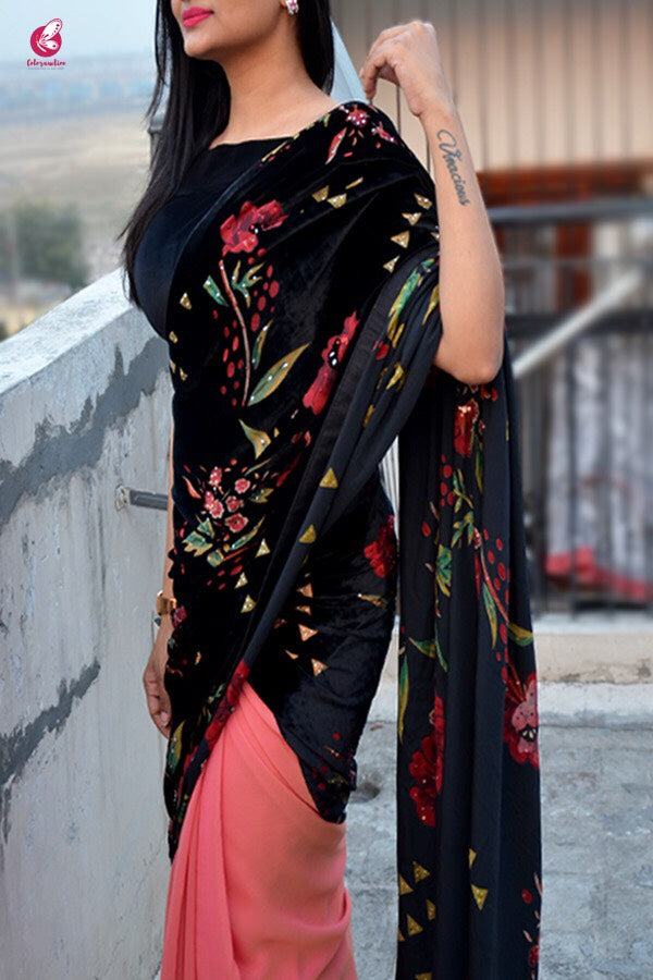 Embellished Half and Half Georgette Velvet Saree
