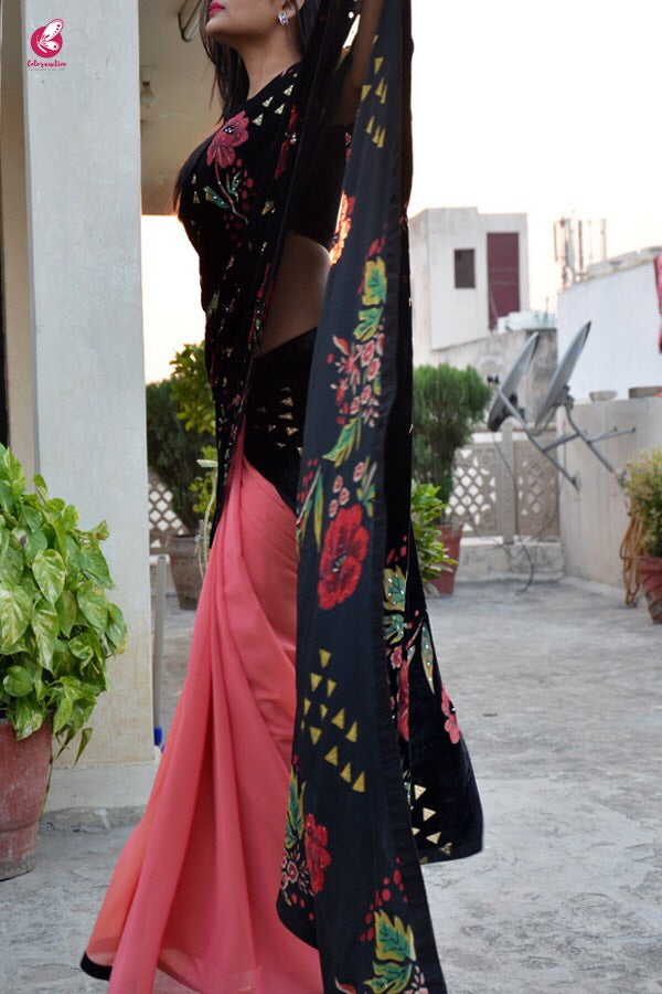 Embellished Half and Half Georgette Velvet Saree