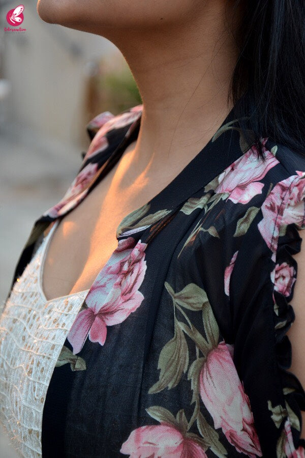 Black Georgette Floral Long Shrug