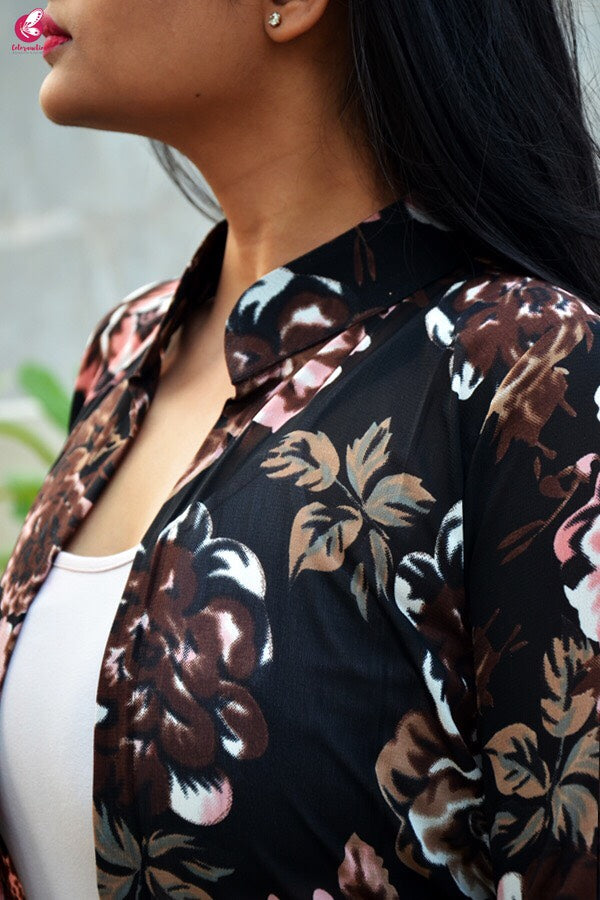 Black Multicolor Georgette Floral Long Shrug