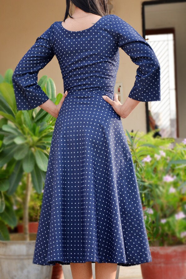Blue Printed Denim Waist Belt Midi Dress