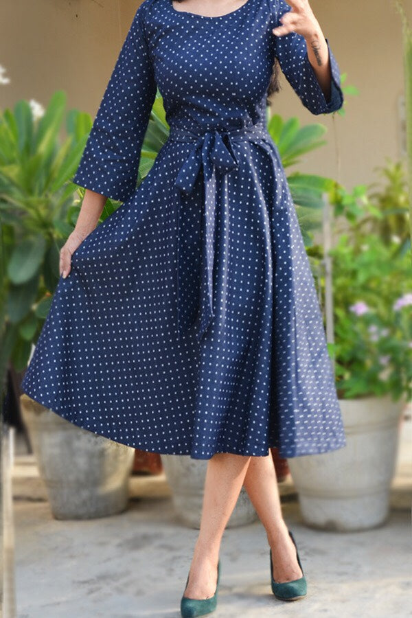 Blue Printed Denim Waist Belt Midi Dress