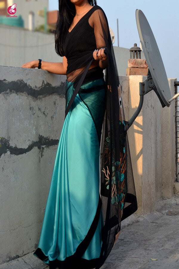 Seagreen Satin Embroidered Saree