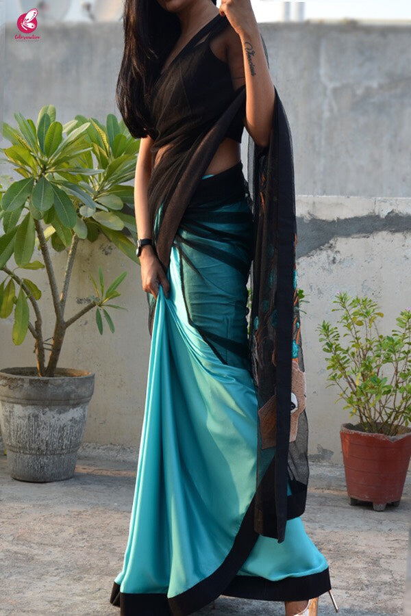 Seagreen Satin Embroidered Saree