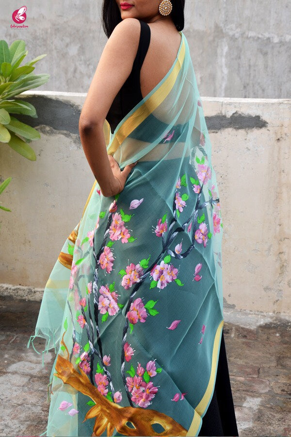 Pista Green Floral Handpainted Stole