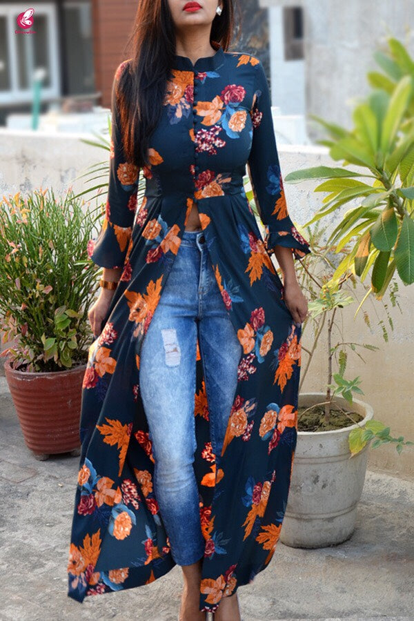 Blue Crepe Printed Floral Kurti