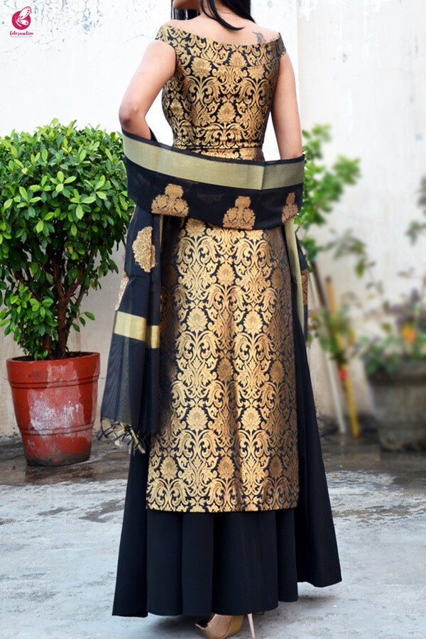 Black Brocade Padded off Shoulder Kurta with Crepe Skirt and Chanderi Stole