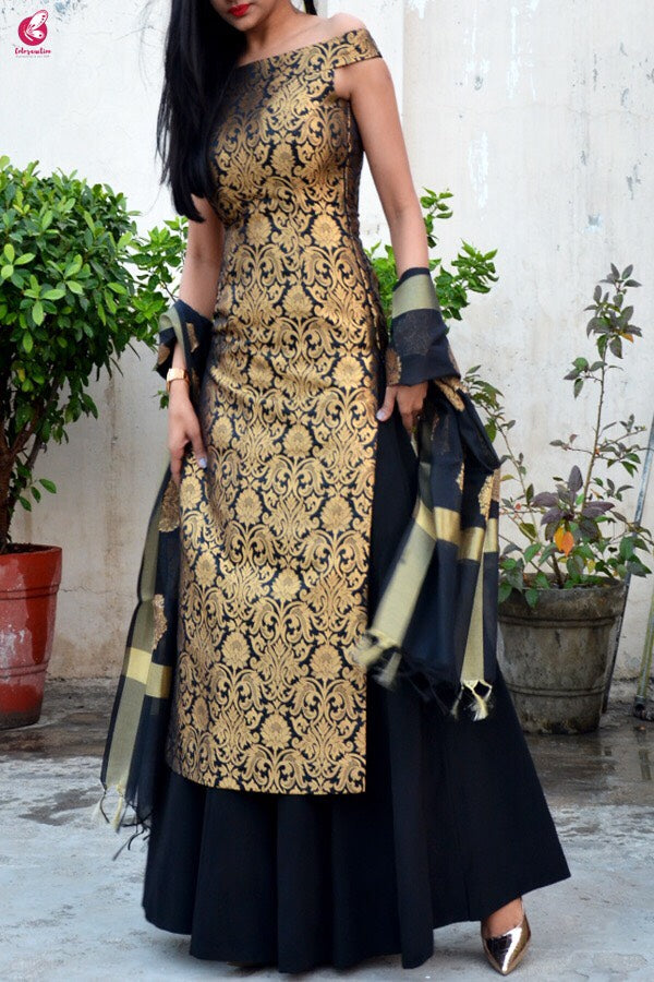 Black Brocade Padded off Shoulder Kurta with Crepe Skirt and Chanderi Stole