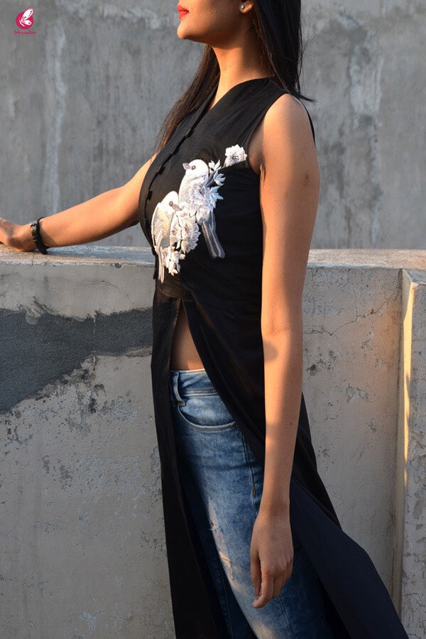 Black Cotton Silk Embroidered Front Slit Kurti