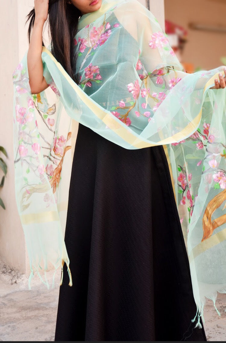 Pista Green Organza Floral Stole