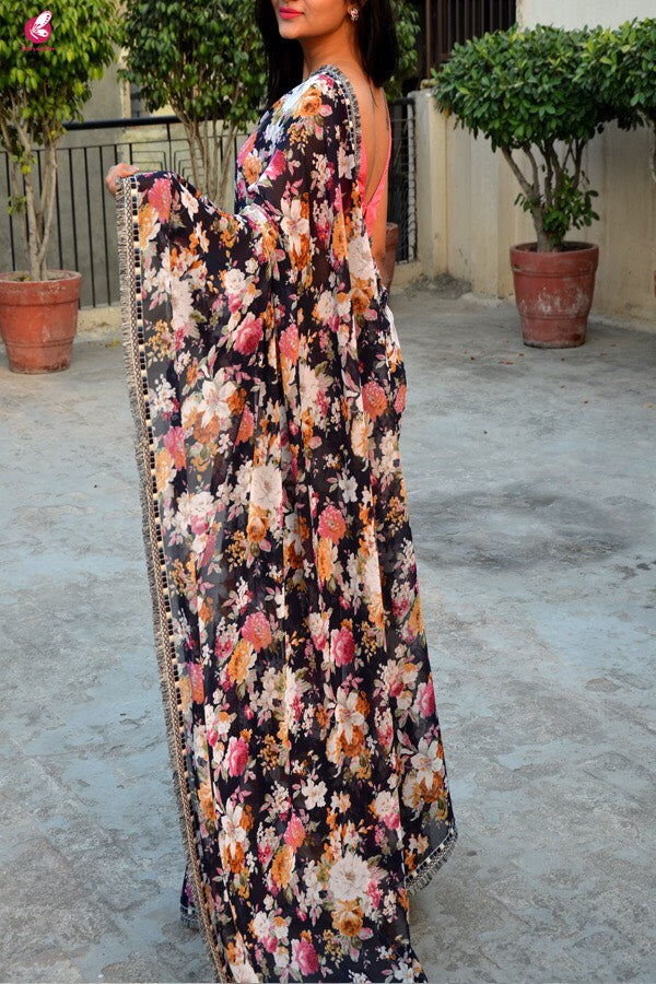 Blue Printed Multicolor Floral Georgette Saree