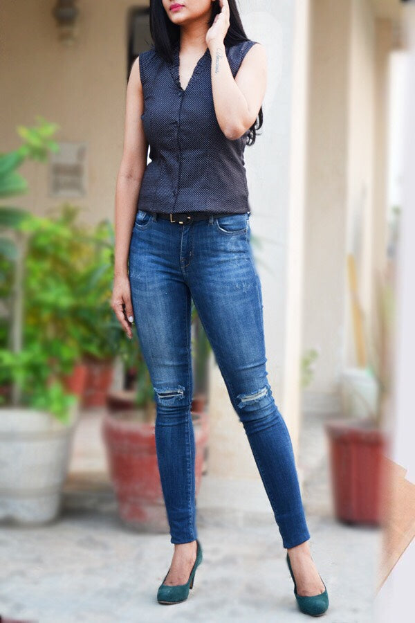 Black Polka Dots Cotton Silk Sleeveless Shirt