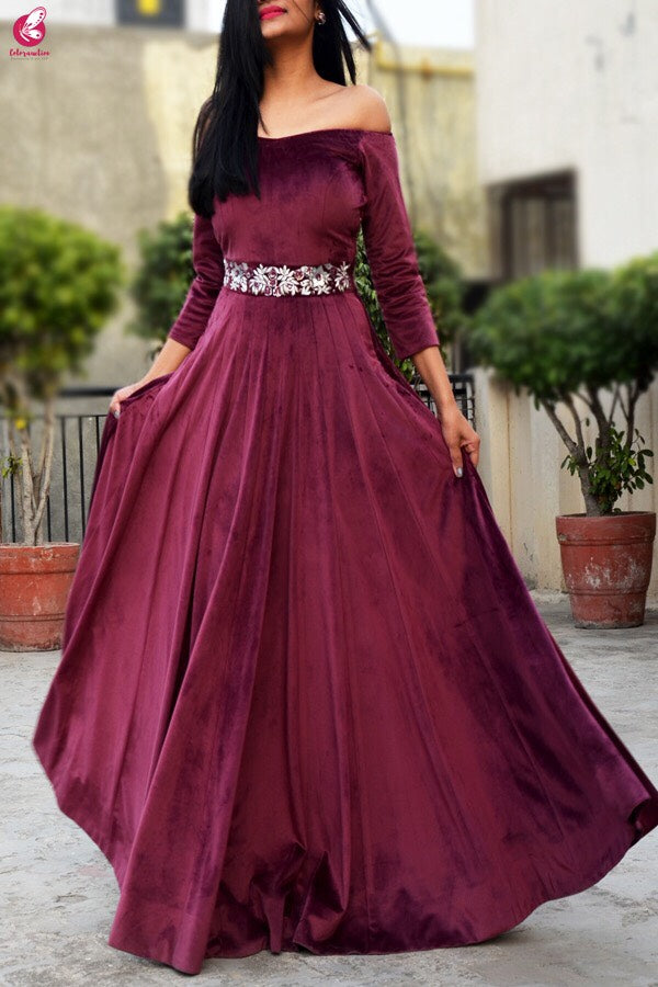 Wine Velvet off Shoulder Padded Gown